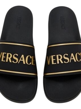 Men' sBlack and Gold Slide Sandals